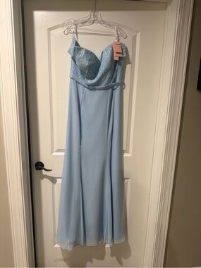 Strapless Light Blue Lace Bodice Maxi Dress